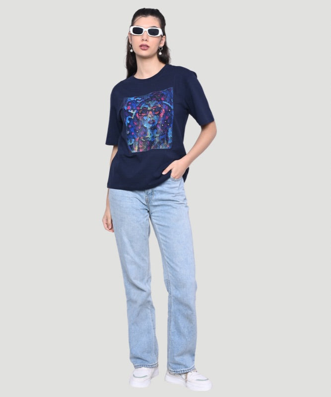 Women's Blue Graphic Print Half Sleeves Regular Fit T-Shirt